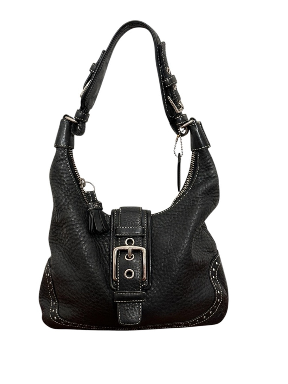 Vintage Y2K Coach Black Pebble Leather Hobo Bag with Buckle Detail and Studded